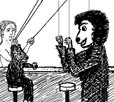 Hawley puppet greets Smoot in bar