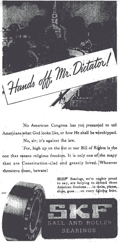 American 1942 advertisement for ball bearings saying Hands off Mr. Dictator.