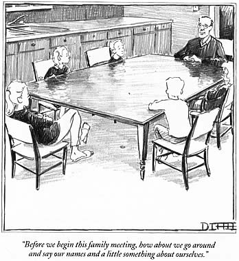 Mattew Diffee cartoon: family meeting, father asking kids to introduce themselves