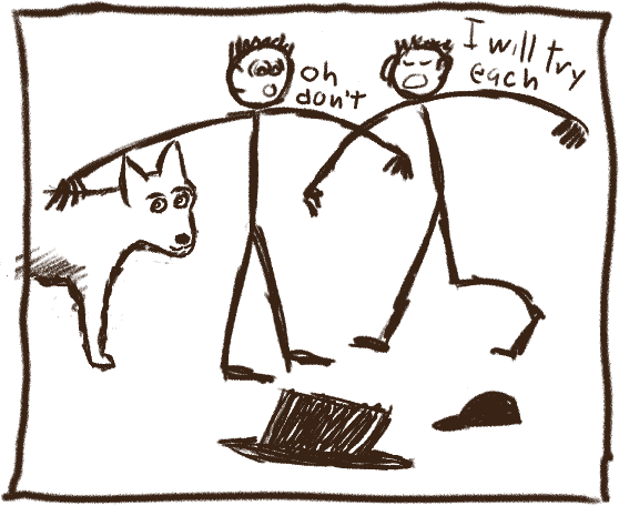 wolfdog with stick people who debate hat action