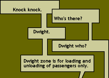 Knock knock. Who's there? Dwight. Dwight who? Dwight zone is for loading and unloading of passengers only.  