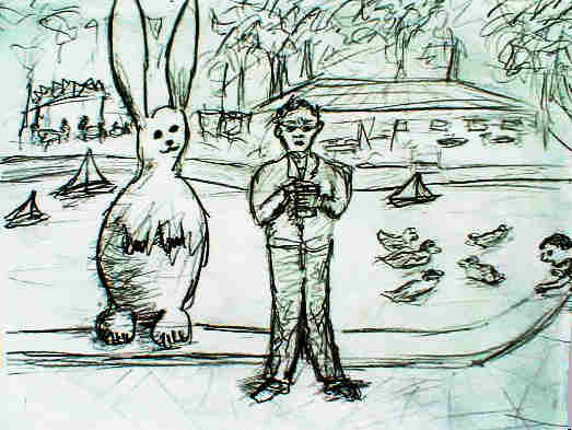 Cumin bunny at pond with child man and ducks