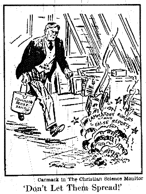 World War II political cartoon where common sense sand is thrown on inflamatory rumours and false reports.  by carmack