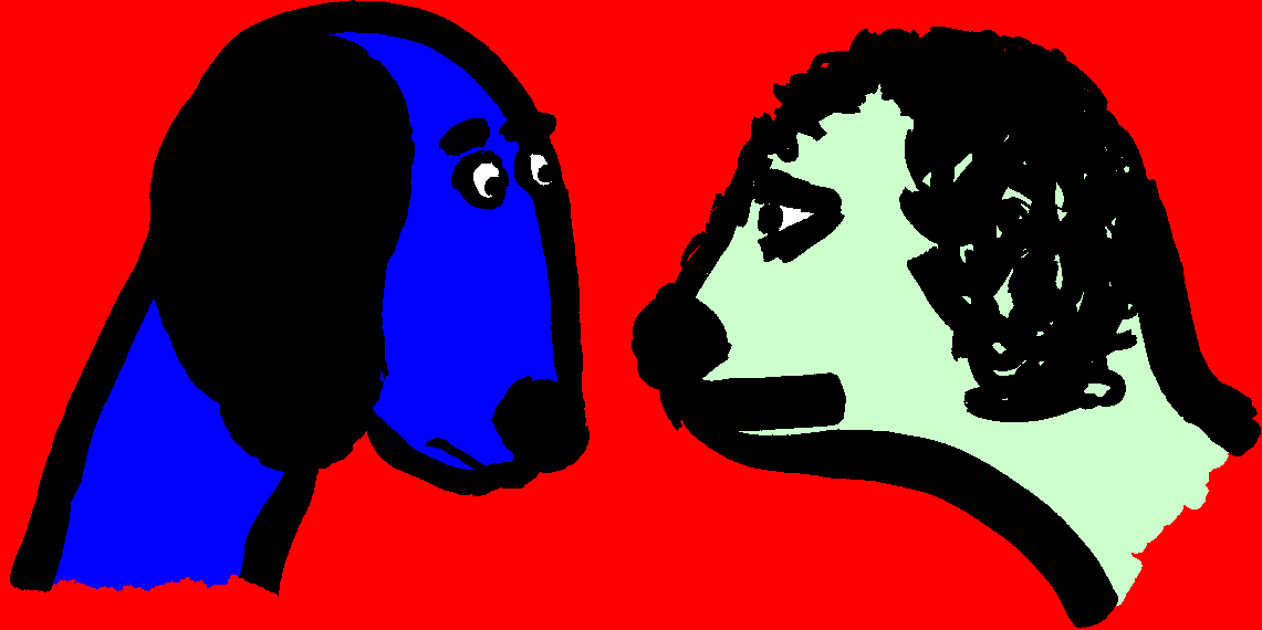 blue dog and green dog eye eachother