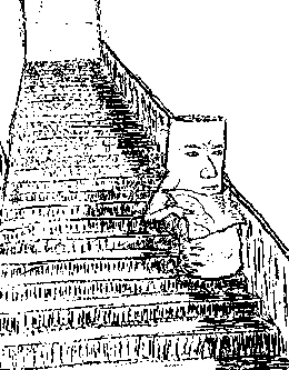 we see that the figure reading on the stairs is a scroll. He looks concerned.